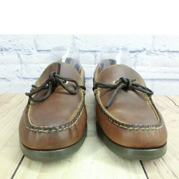 LL Bean Brown Leather Slip On Boat Shoes Loafers Preppy Casual Size 7.5 D - Picture 4 of 9